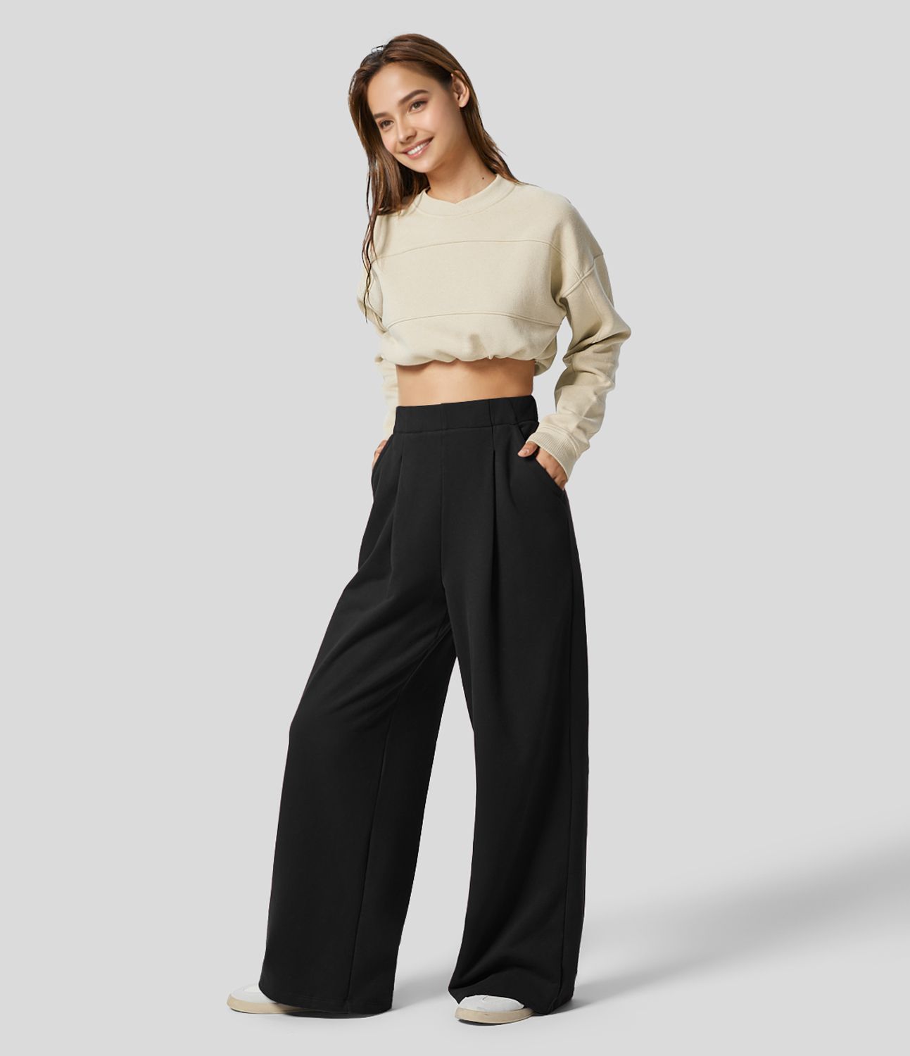 Freizeithose aus Fleece mit hoher Taille, Seitentasche und weitem Bein