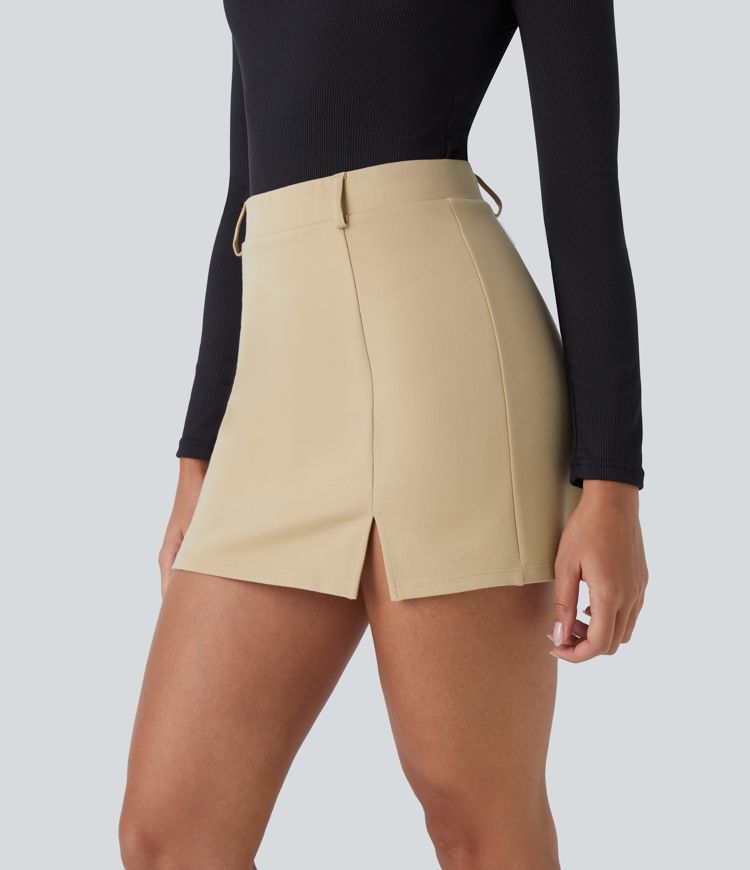 Jupe Travail Mini 2 en 1 Fendue à Taille Haute