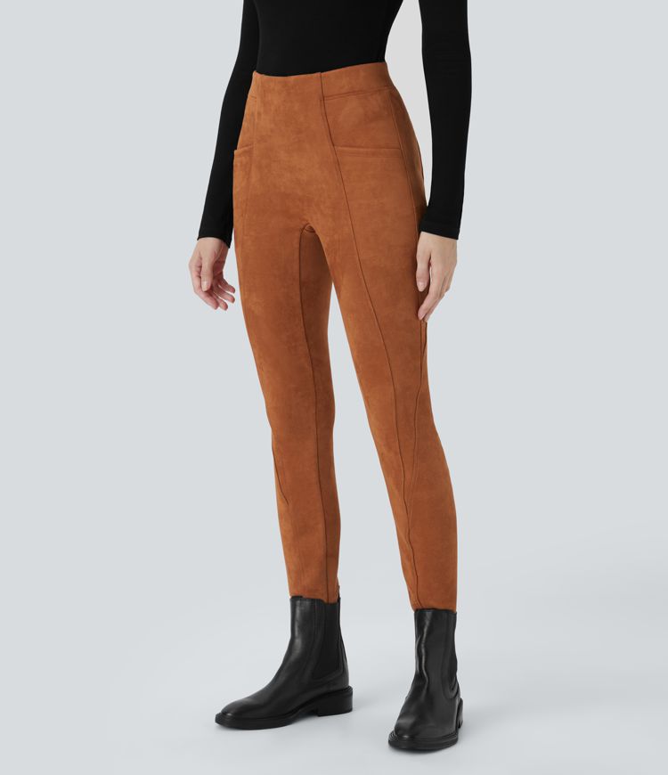 High Waist Tummy Control Side Pocket Suede Casual Leggings