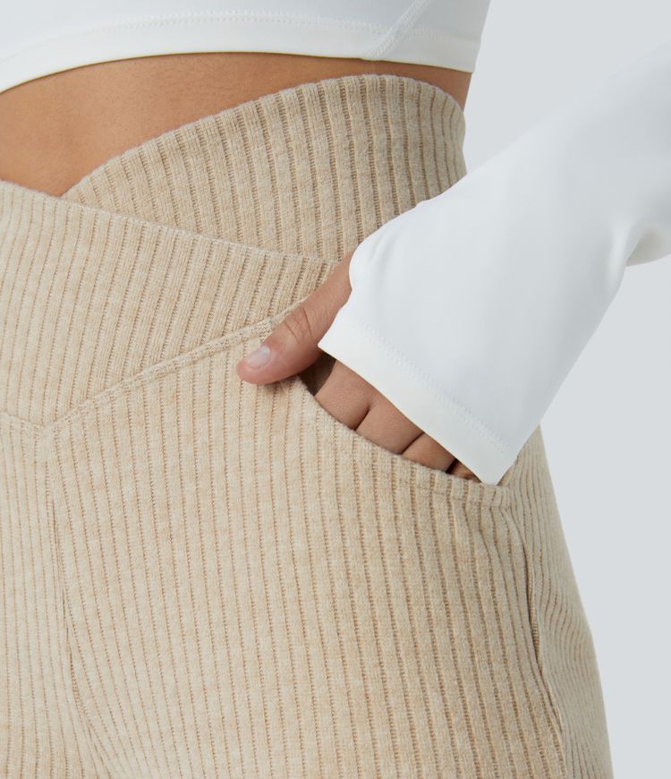 Ribbed Knit Crossover High Waist Side Pocket Casual Flare Pants