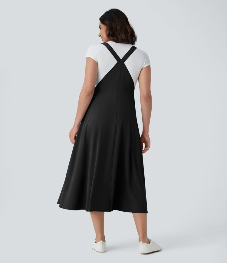 Breezeful™ Adjustable Strap Button Multiple Pockets Flowy Quick Dry Midi Casual Dress