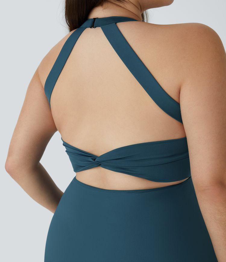 U Neck Backless Twisted Cut Out 2-in-1 Side Pocket Mini Barre Ballet Dance Plus Size Dress-Longer Length