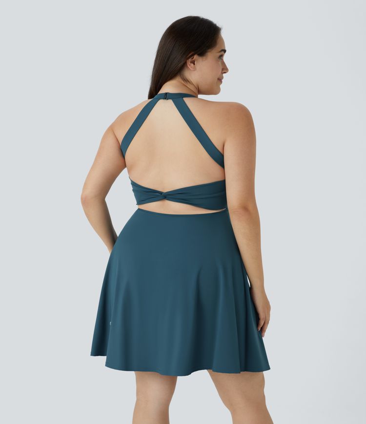 U Neck Backless Twisted Cut Out 2-in-1 Side Pocket Mini Barre Ballet Dance Plus Size Dress-Longer Length