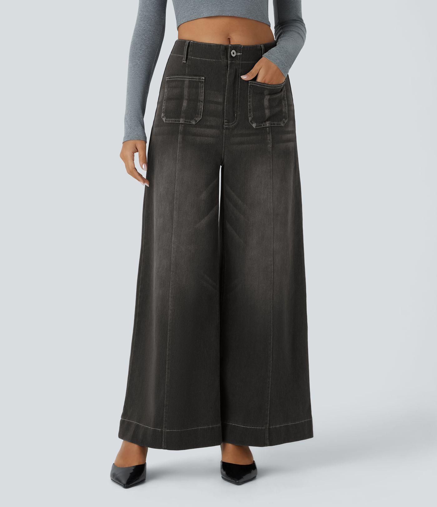 Halara Flex™ Mid Rise Zipper Pocket Wide Leg Washed Casual Jeans