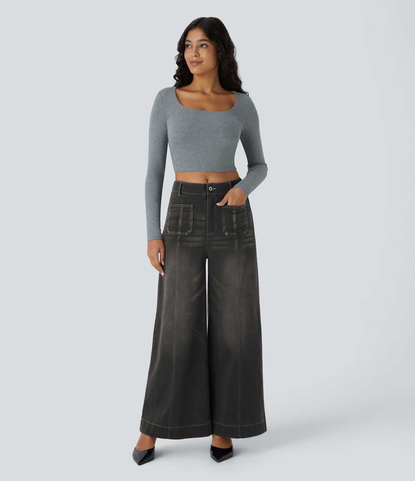 Halara Flex™ Mid Rise Zipper Pocket Wide Leg Washed Casual Jeans