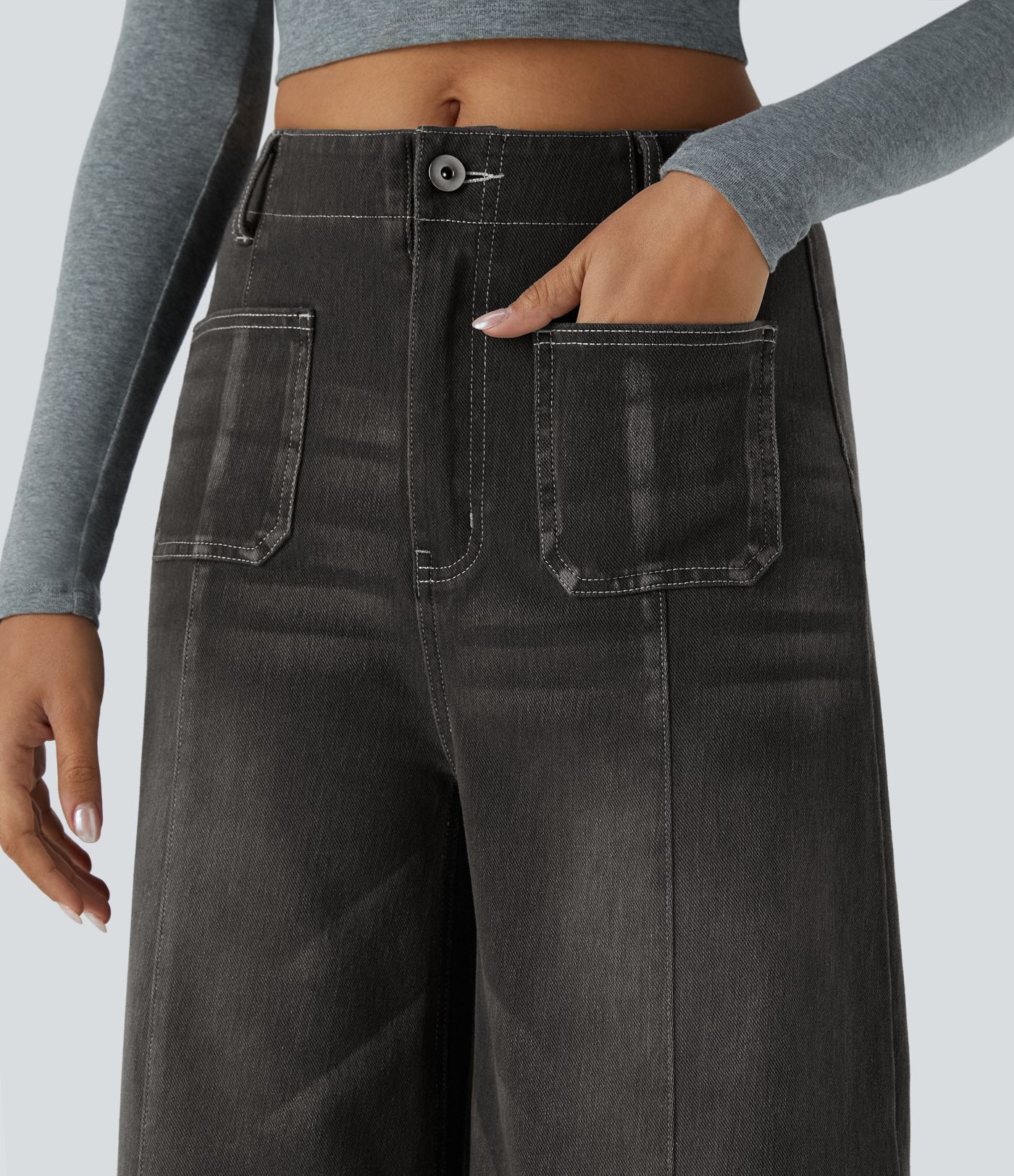 Halara Flex™ Mid Rise Zipper Pocket Wide Leg Washed Casual Jeans