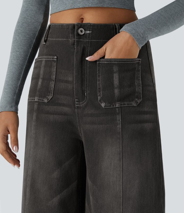 Halara Flex™ Mid Rise Zipper Pocket Wide Leg Washed Casual Jeans
