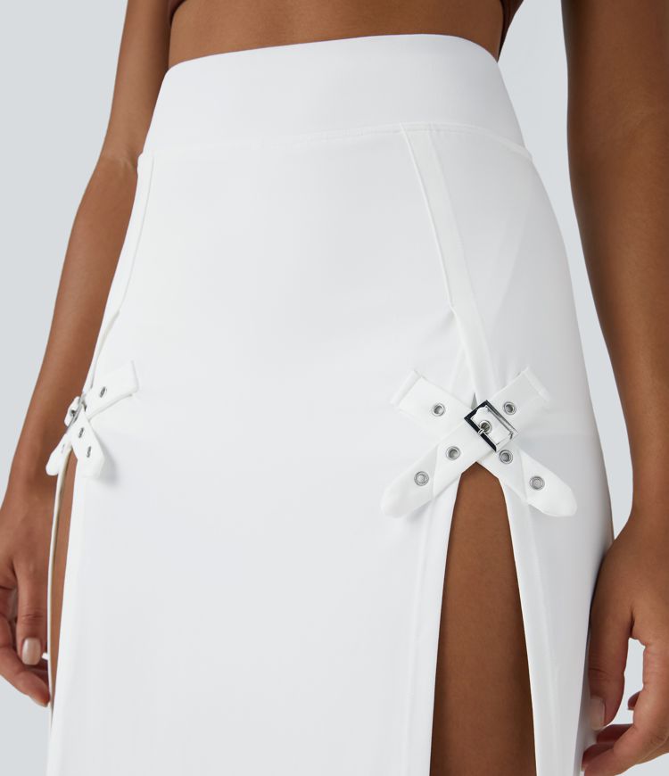 High Waisted Decorative Buckle 2-in-1 Maxi Casual Skirt