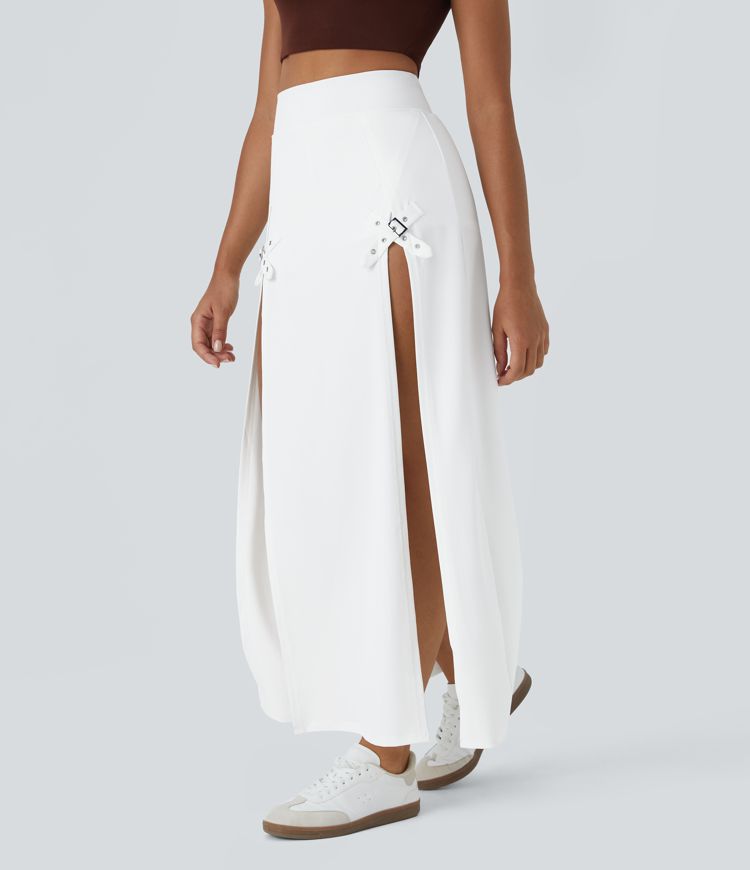 High Waisted Decorative Buckle 2-in-1 Maxi Casual Skirt