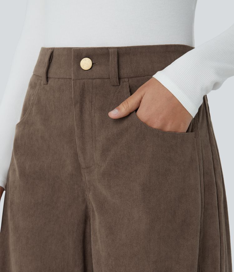 Pantalon décontracté en velours côtelé à taille moyenne, jambes bouffantes longueur cheville, poches multiples et fermeture zippée
