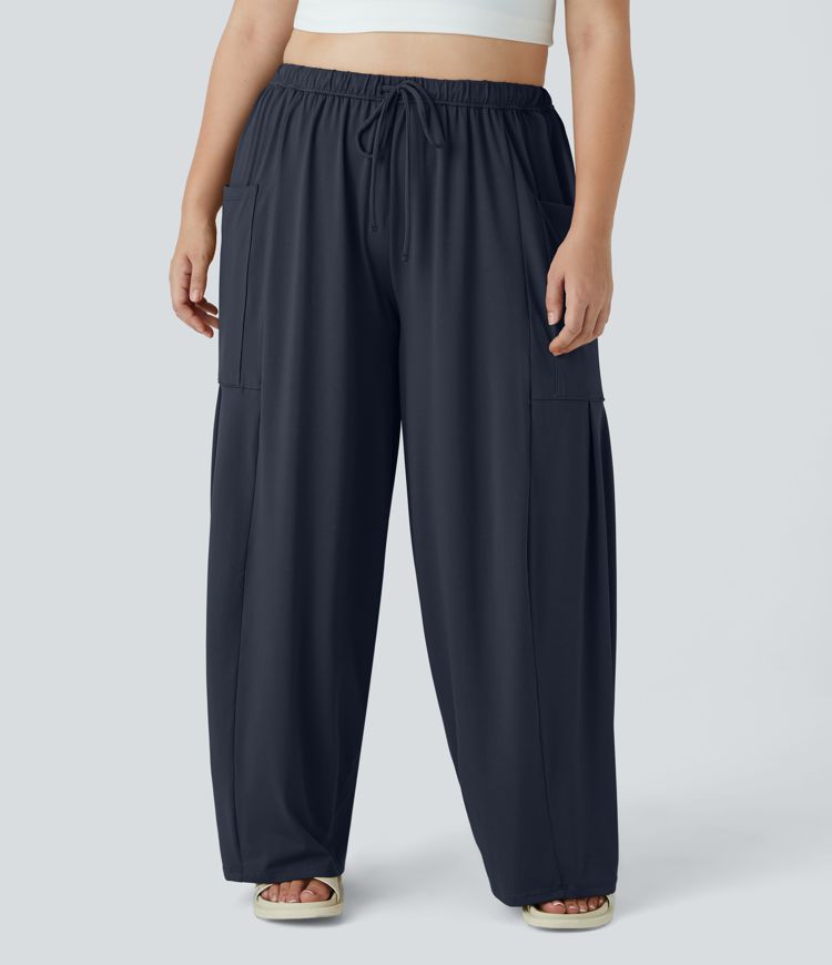 Mid Rise Elastic Waistband Drawstring Side Pocket Palazzo Flowy Wide Leg Casual Plus Size Pants