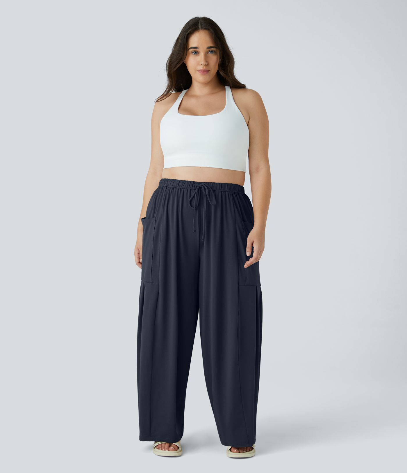 Mid Rise Elastic Waistband Drawstring Pocket Palazzo Flowy Wide Leg Casual Plus Size Pants