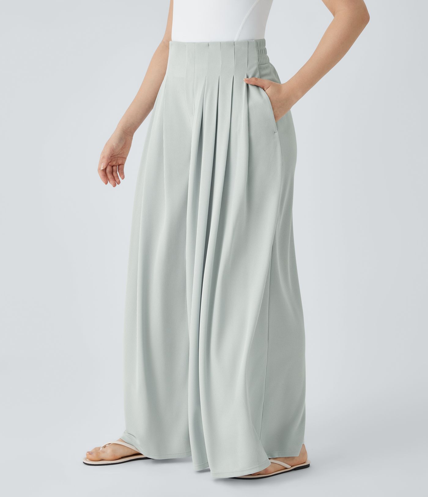 Pantalon décontracté palazzo en maille gaufrée, fluide, large, plissé, taille haute, avec poches