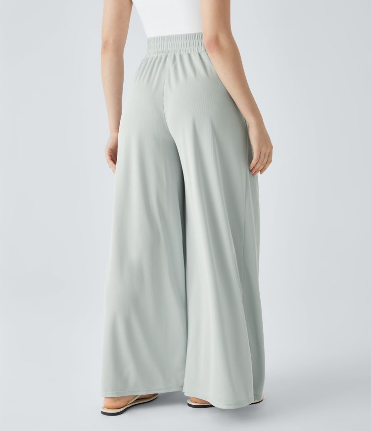 High Waisted Pleated Side Pocket Flowy Wide Leg Palazzo Waffle Casual Trousers