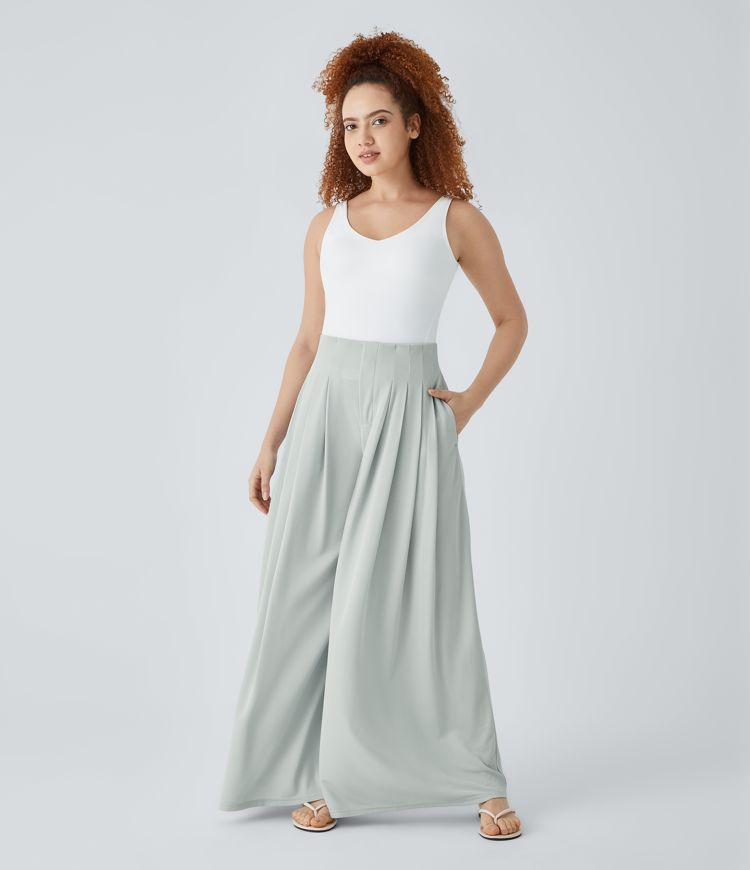 High Waisted Pleated Side Pocket Flowy Wide Leg Palazzo Waffle Casual Trousers