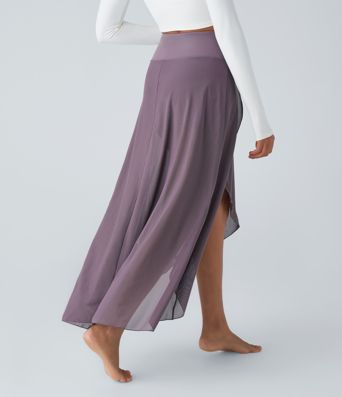 Maxirock aus Mesh mit hohem Bund, Rüschen, Seitentaschen, Rock mit integrierter Hose lang