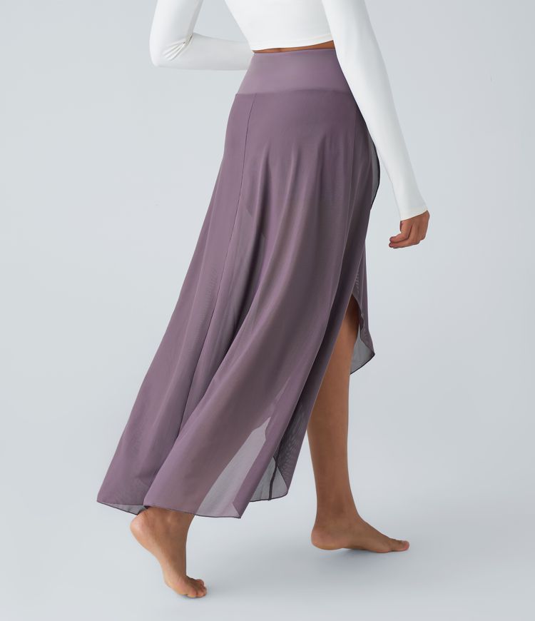 Maxirock aus Mesh mit hohem Bund, Rüschen, Seitentaschen, Rock mit integrierter Hose lang