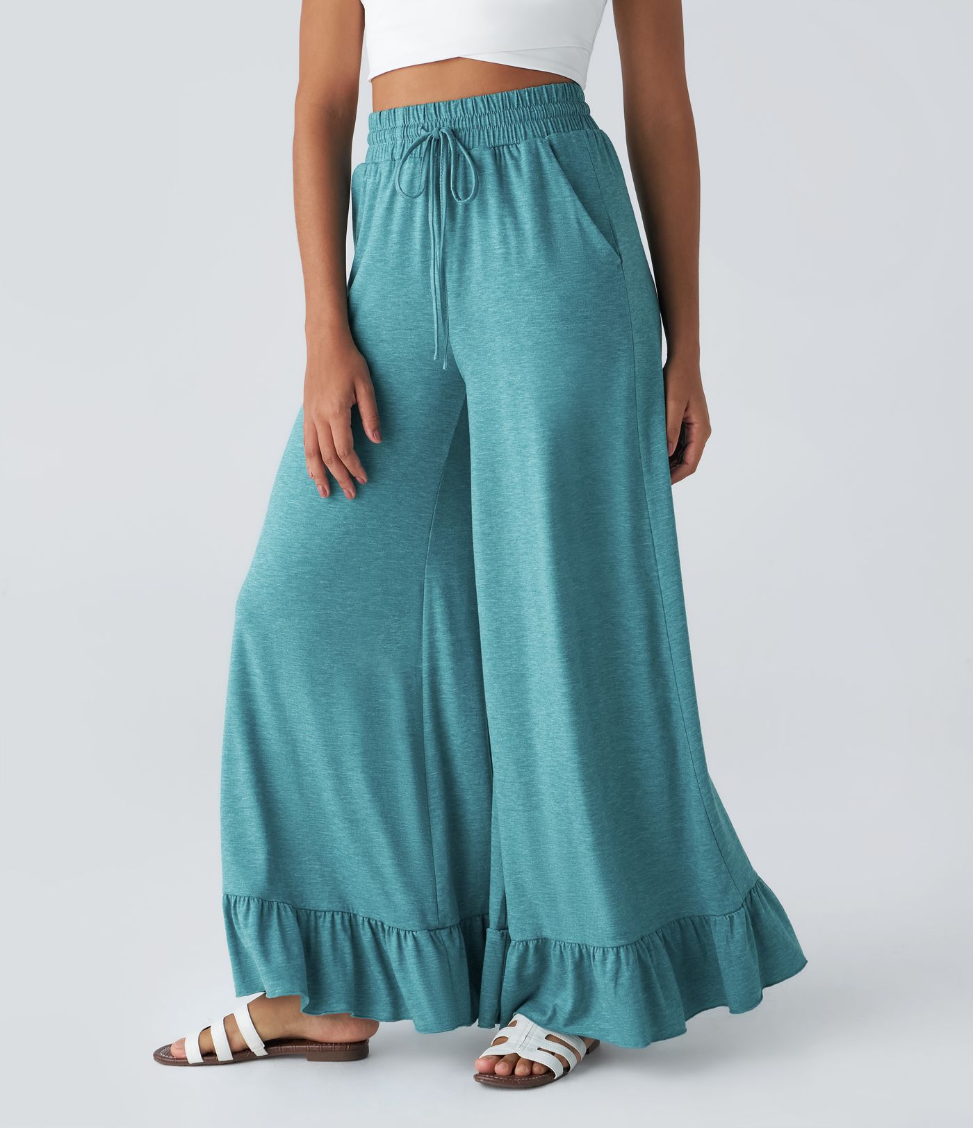 Pantalon Casual à Taille Haute avec Cordon De Serrage Poches Latérales et Volants Jambes Amples