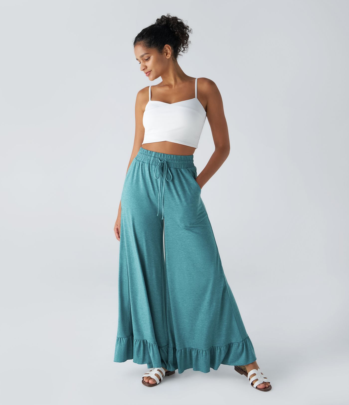 Pantalon Casual à Taille Haute avec Cordon De Serrage Poches Latérales et Volants Jambes Amples