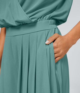 V Neck Short Sleeve Side Pocket Wide Leg Flowy Waffle Casual Jumpsuit