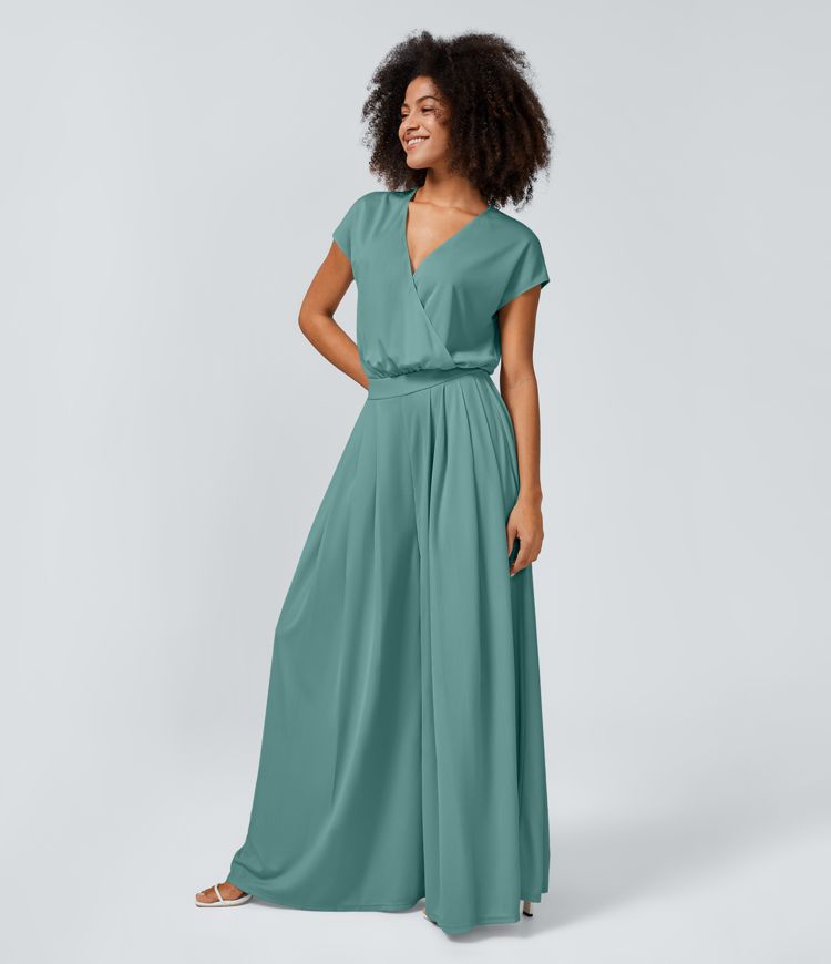 V Neck Short Sleeve Side Pocket Wide Leg Flowy Waffle Casual Jumpsuit