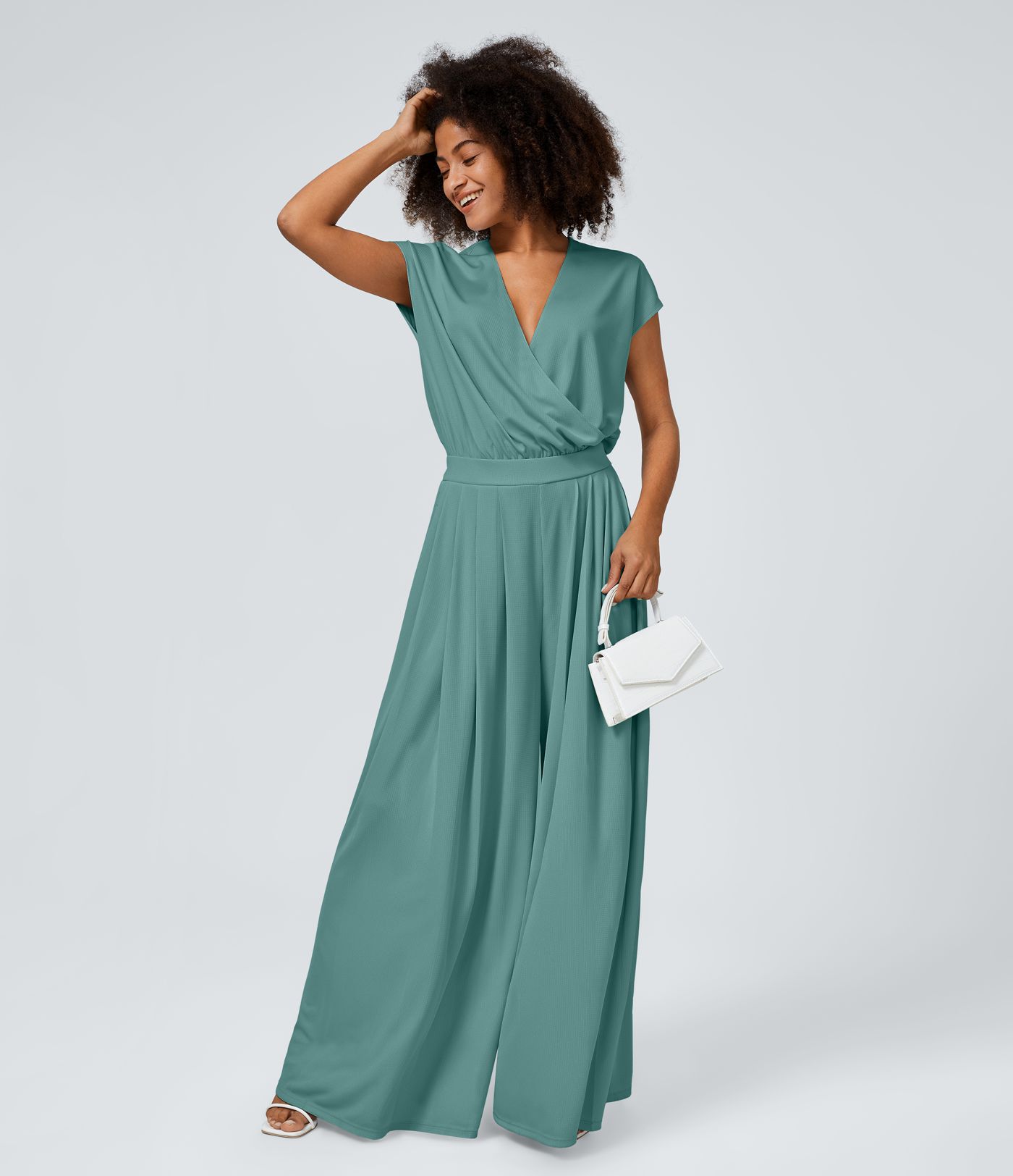 V Neck Short Sleeve Side Pocket Wide Leg Flowy Waffle Casual Jumpsuit