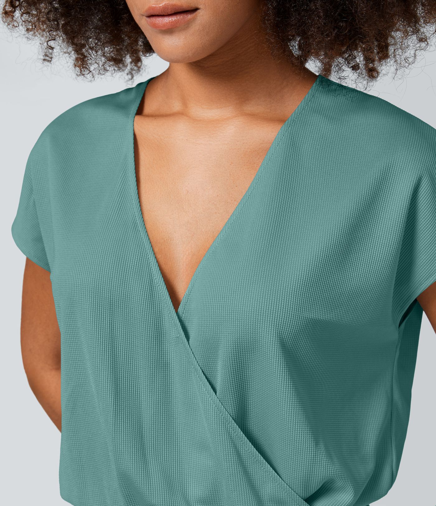 V Neck Short Sleeve Side Pocket Wide Leg Flowy Waffle Casual Jumpsuit