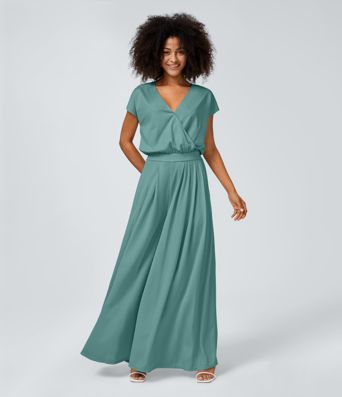 V Neck Short Sleeve Side Pocket Wide Leg Flowy Waffle Casual Jumpsuit