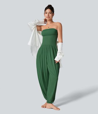 Ribbed Tube Backless Side Pocket Casual Jumpsuit
