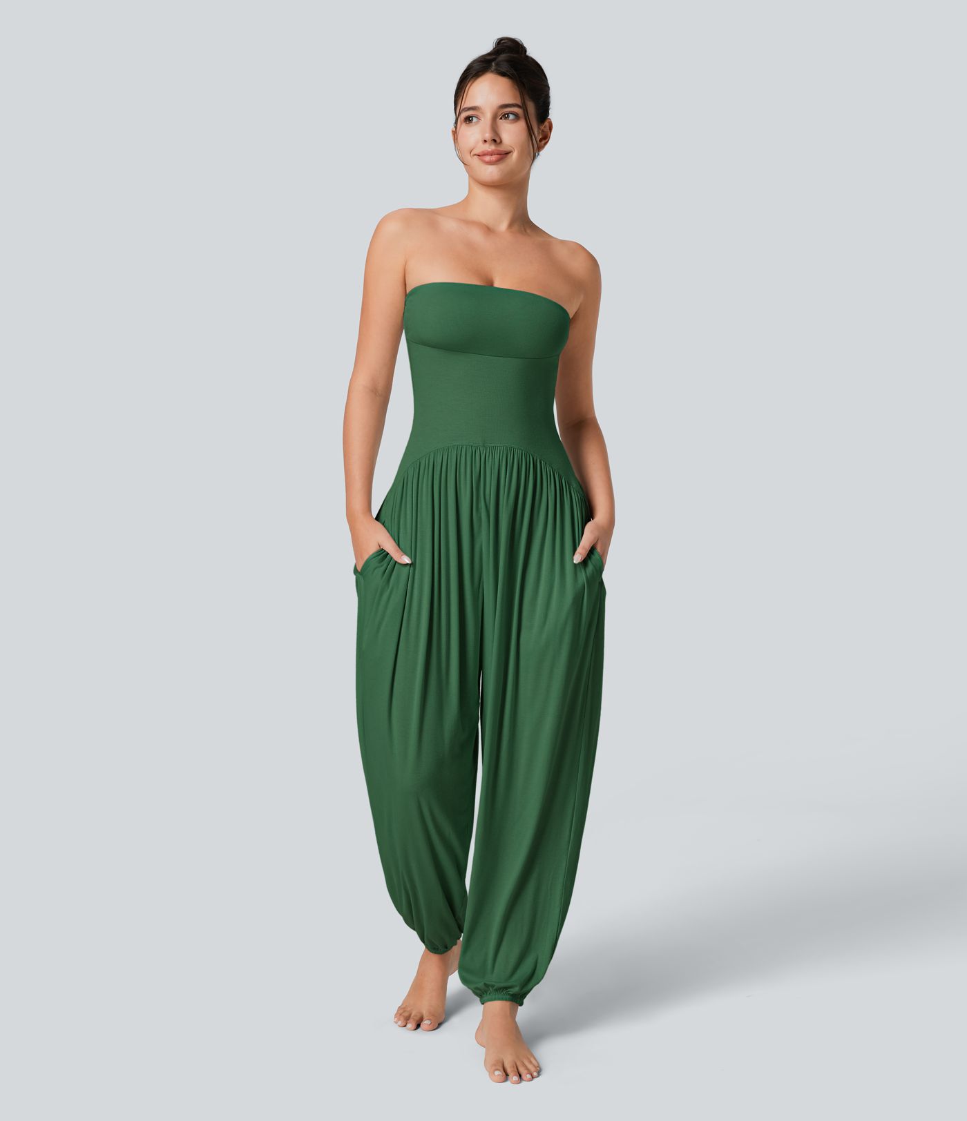 Ribbed Tube Backless Side Pocket Casual Jumpsuit