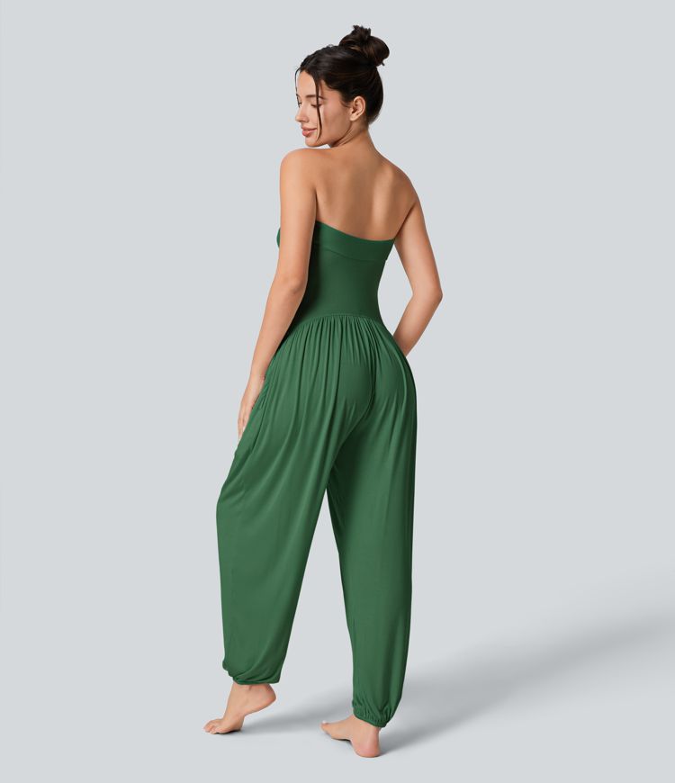 Ribbed Tube Backless Side Pocket Casual Jumpsuit