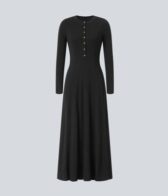 Henley Long Sleeve Flare Maxi Casual Dress