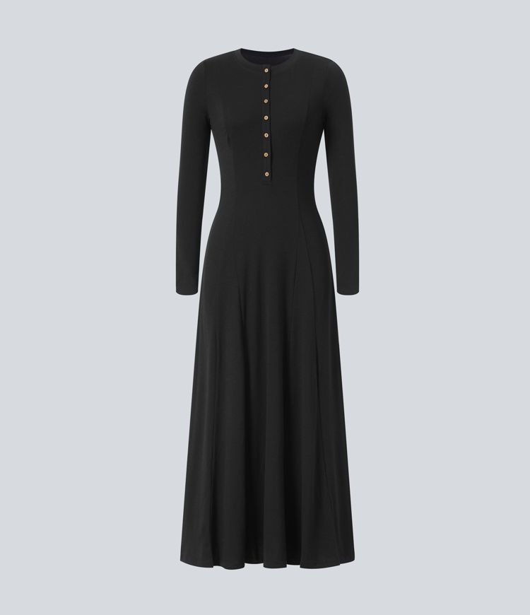 Henley Long Sleeve Flare Maxi Casual Dress