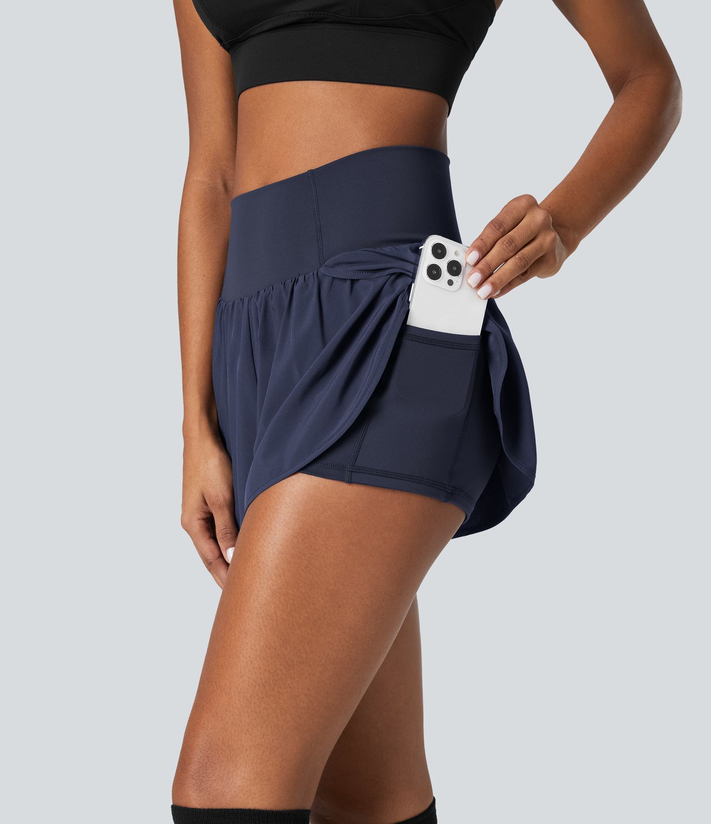 Breezeful™ 2-in-1 Yoga-Shorts mit hoher Taille, überkreuzten Blütenblättern und Seitentaschen, schnell trocknend