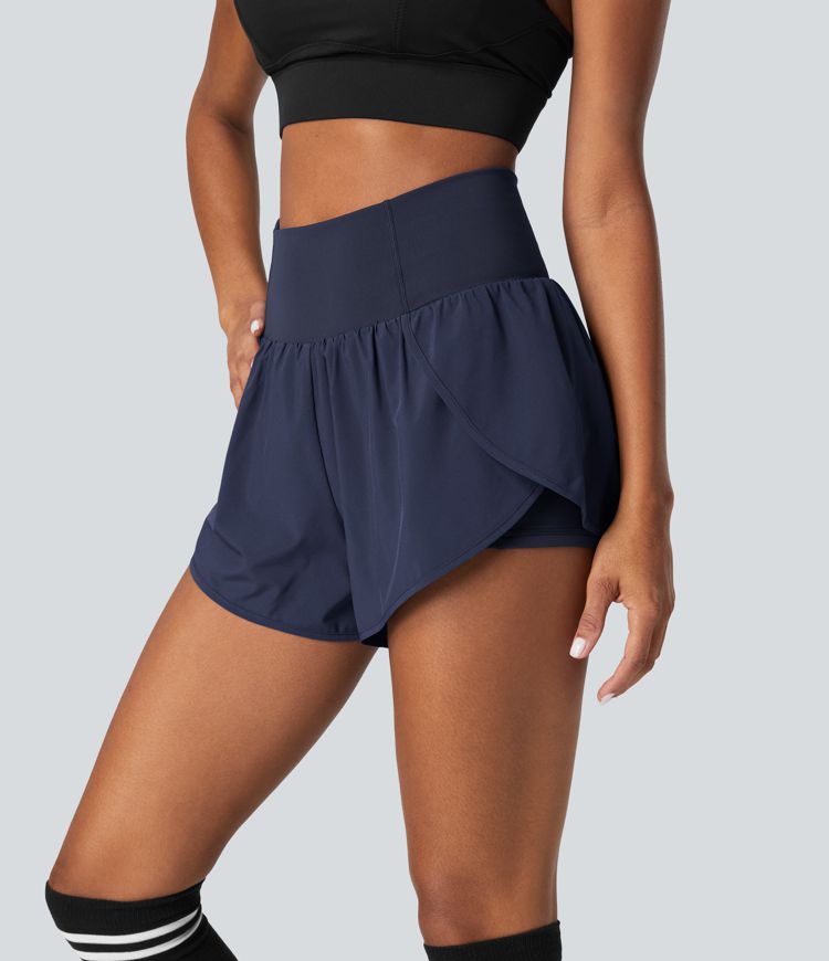 Breezeful™ High Waisted Crossover Petal Hem 2-in-1 Side Pocket Quick Dry Yoga Shorts