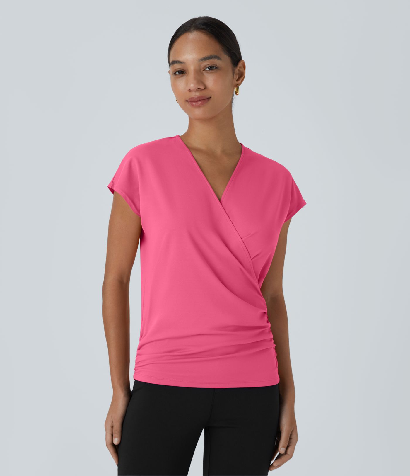 V Neck Cap Sleeve Crossover Ruched Solid Work Blouse
