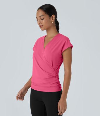 V Neck Cap Sleeve Crossover Ruched Solid Work Blouse