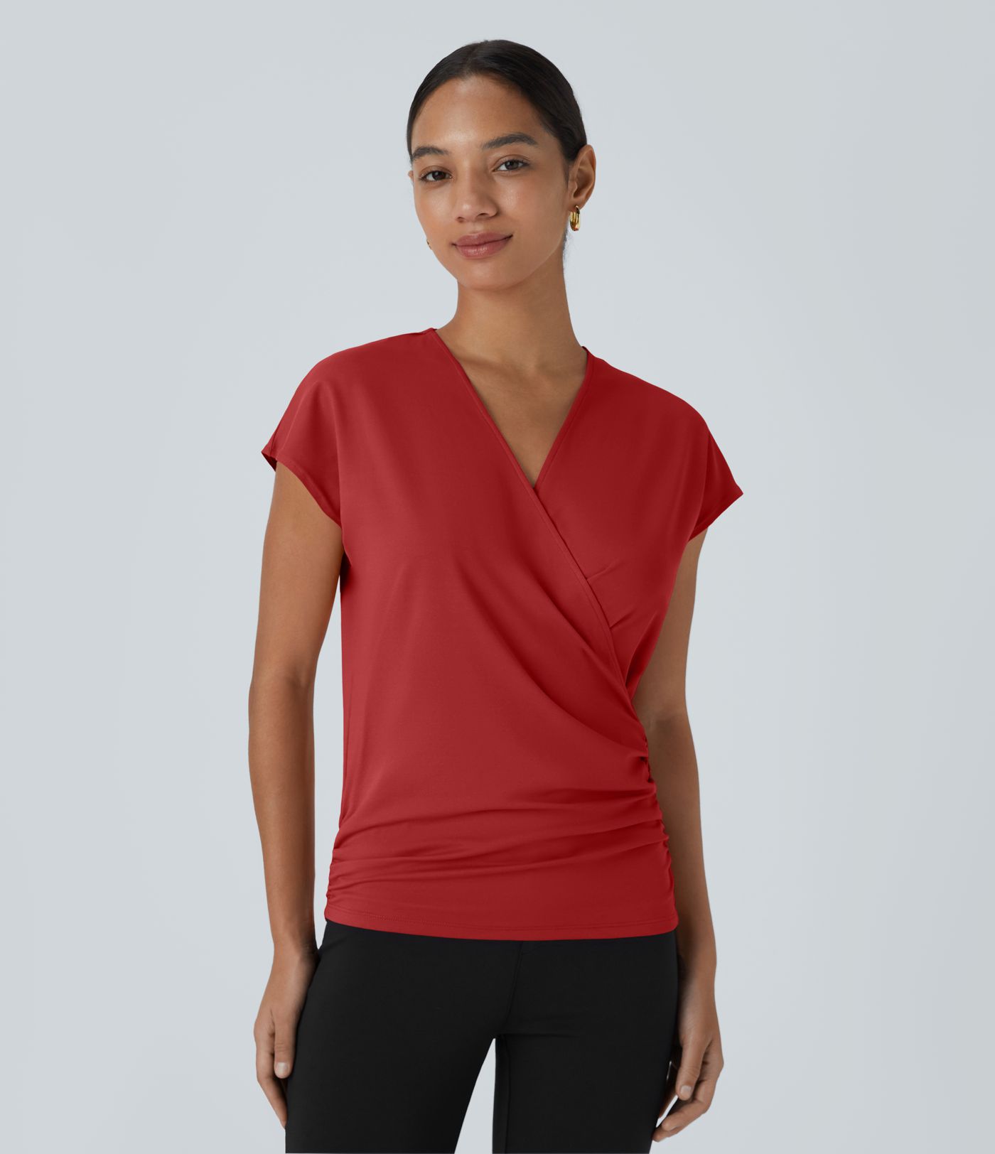 V Neck Cap Sleeve Crossover Ruched Solid Work Blouse