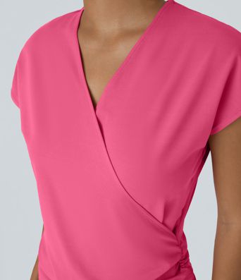 V Neck Cap Sleeve Crossover Ruched Solid Work Blouse