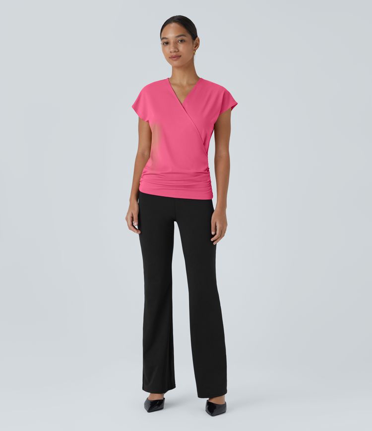 V Neck Cap Sleeve Crossover Ruched Solid Work Blouse