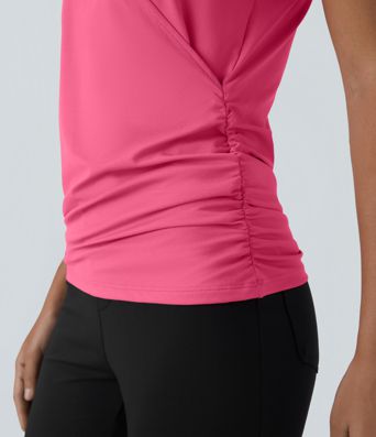 V Neck Cap Sleeve Crossover Ruched Solid Work Blouse