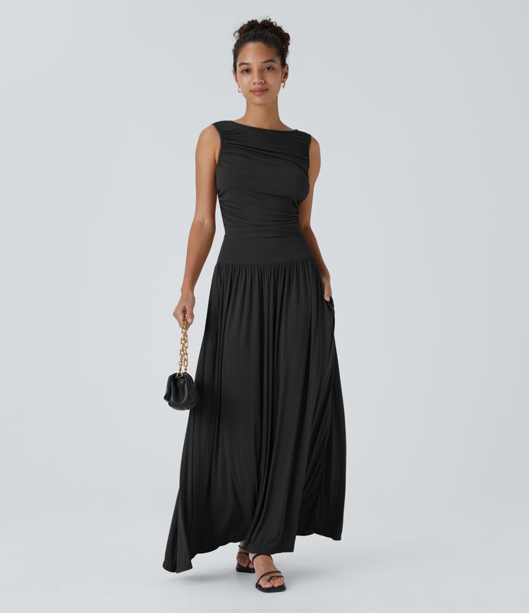 Ribbed Boat Neck Asymmetric Strap Ruched Side Pocket Flowy Maxi Casual Dress