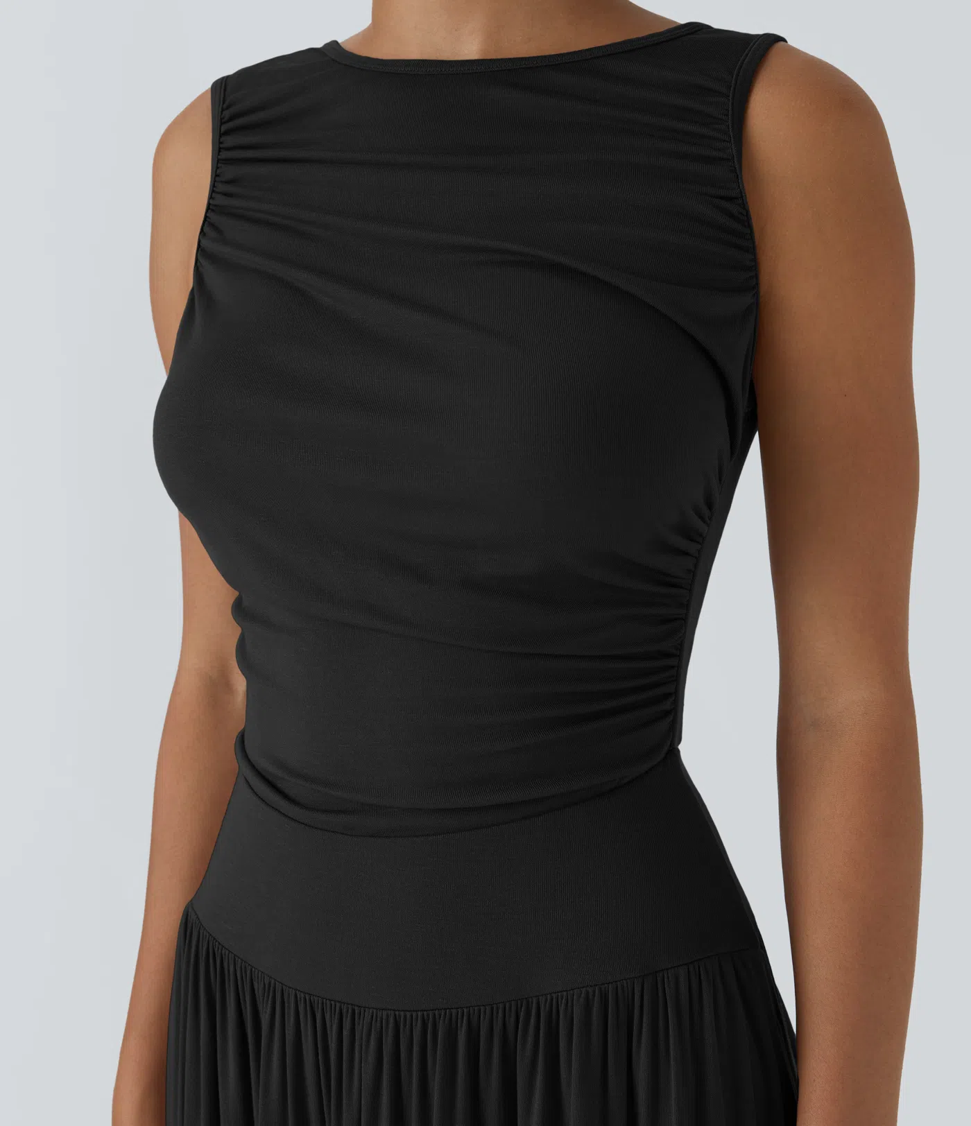 Ribbed Boat Neck Ruched Side Pocket Flowy Maxi Casual Dress