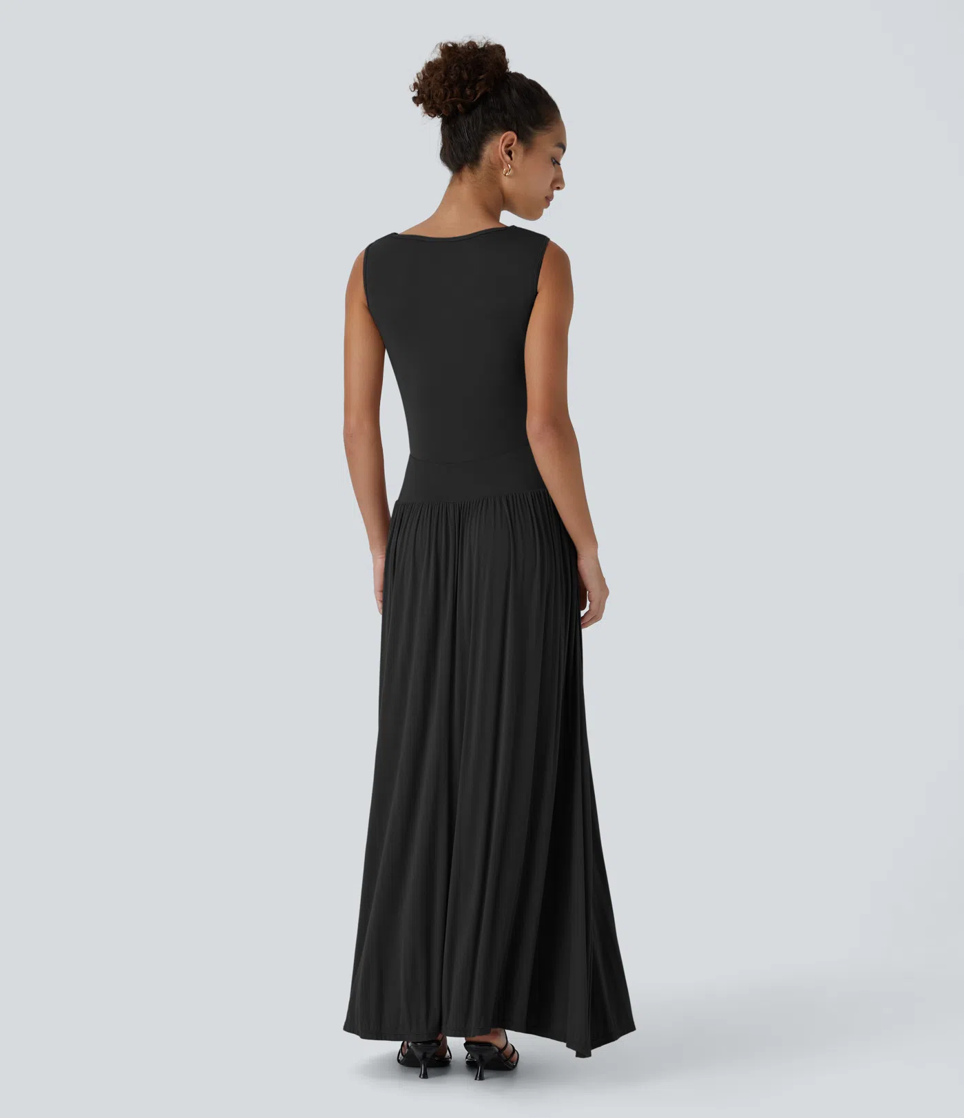 Ribbed Boat Neck Ruched Side Pocket Flowy Maxi Casual Dress