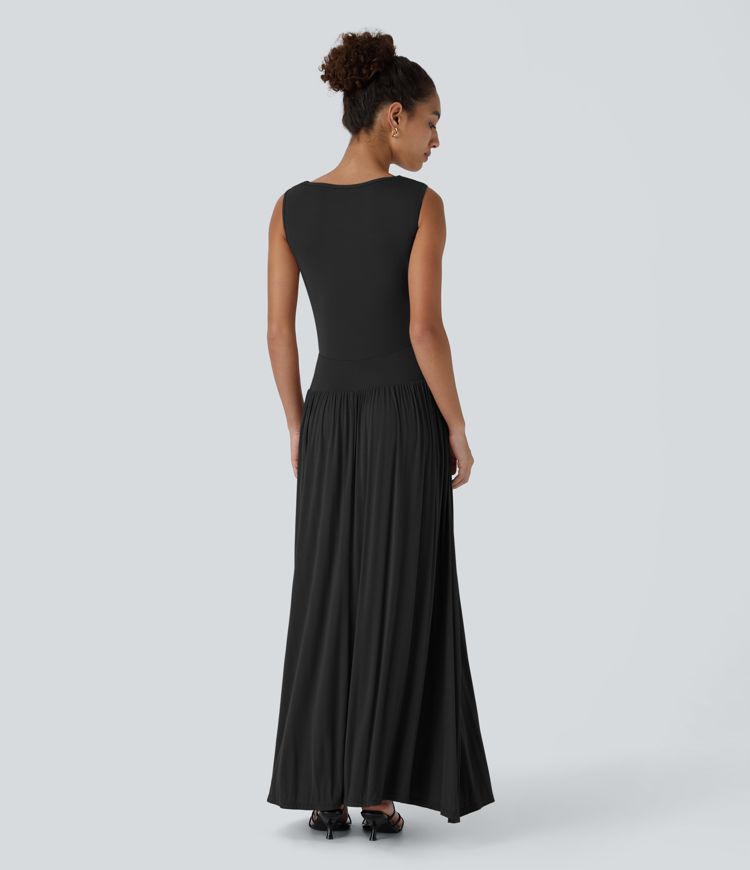 Ribbed Boat Neck Asymmetric Strap Ruched Side Pocket Flowy Maxi Casual Dress