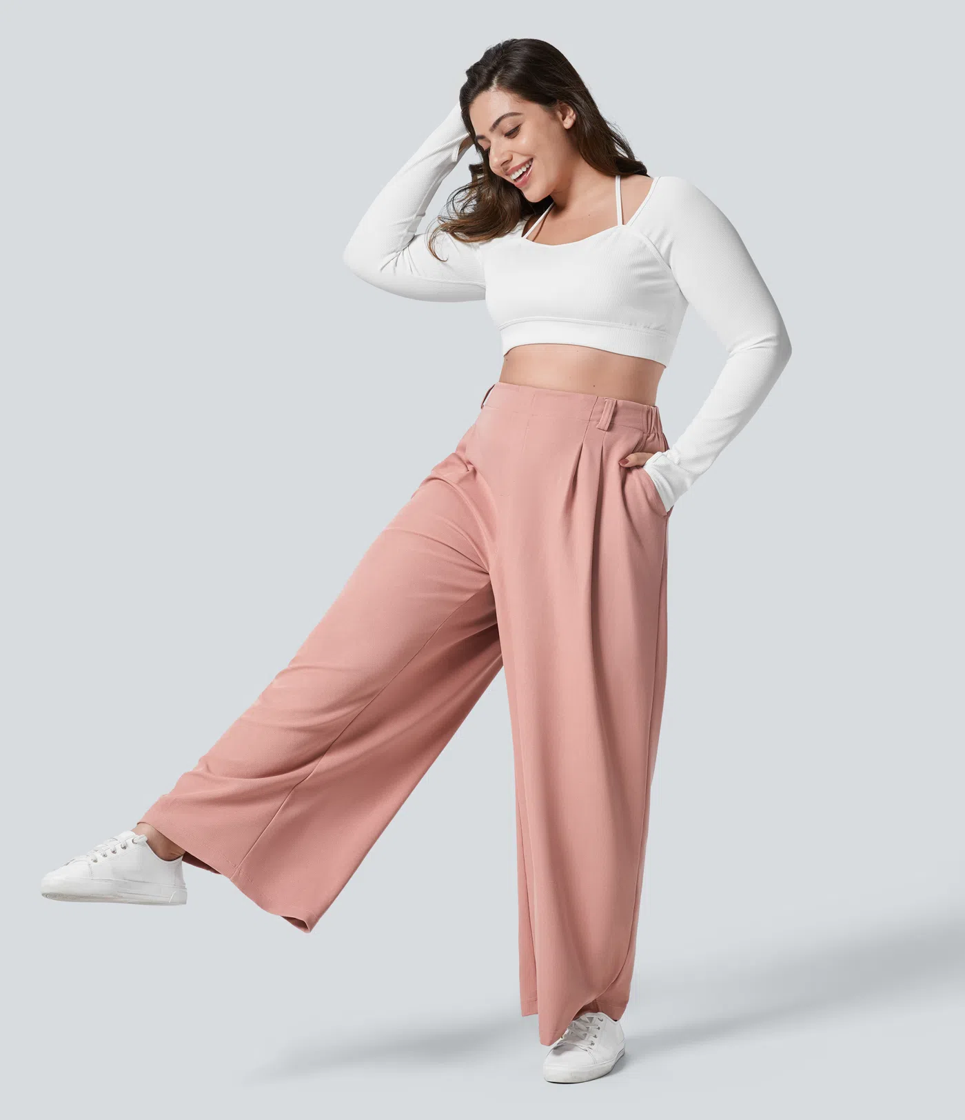 Halara Flex™ Plus-Size-Hose mit hohem Bund, plissierte Seitentaschen und weitem Bein