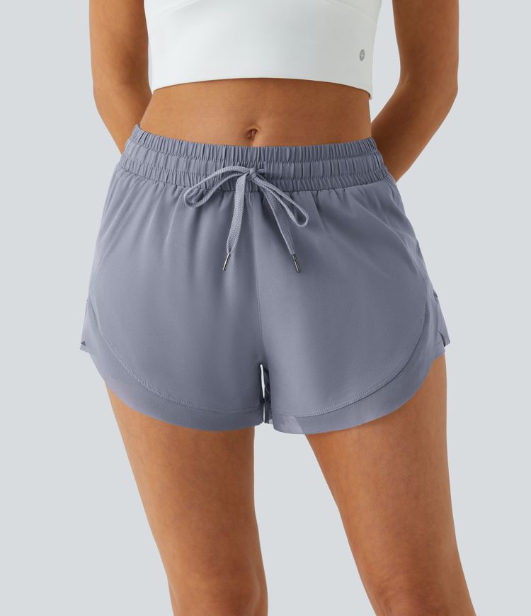 Mid Rise Drawstring Contrast Mesh 2-in-1 Flowy Running Shorts 3''