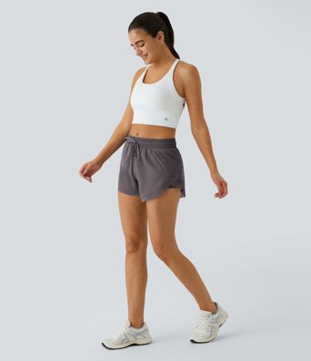 Mid Rise Drawstring Contrast Mesh 2-in-1 Flowy Running Shorts 3''