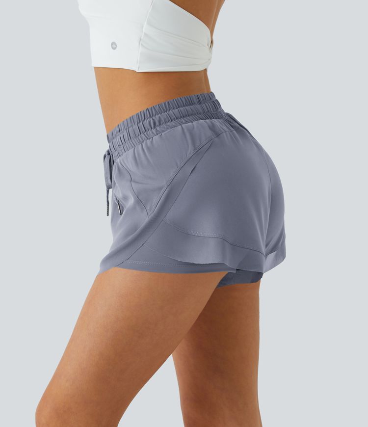 Mid Rise Drawstring Contrast Mesh 2-in-1 Flowy Running Shorts 3''