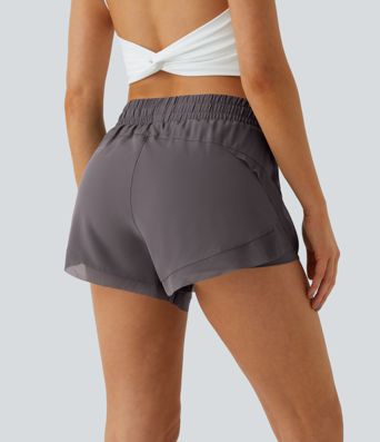 Mid Rise Drawstring Contrast Mesh 2-in-1 Flowy Running Shorts 3''